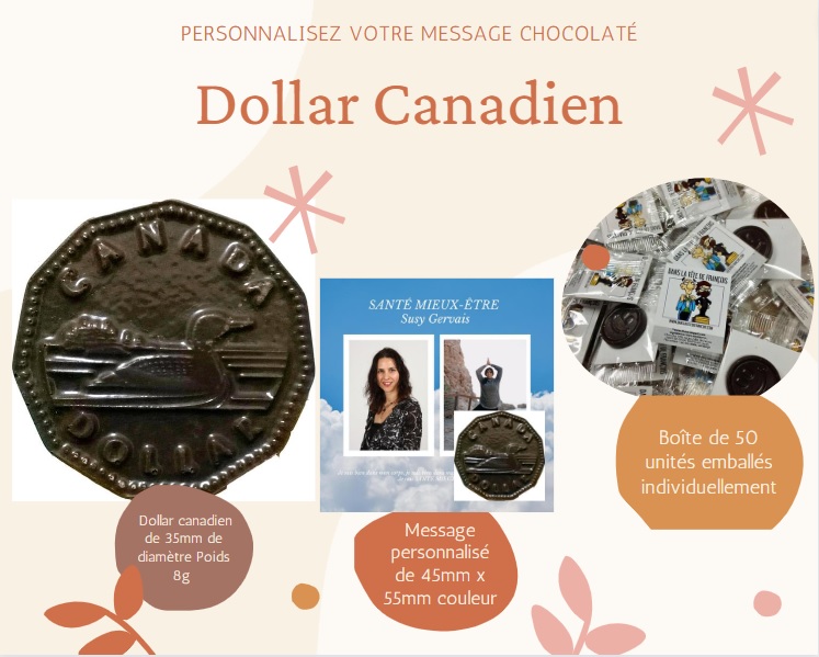 Boîte de 50 unités de dollars Canadiens 8g accompagnés d'un message personnalisé.