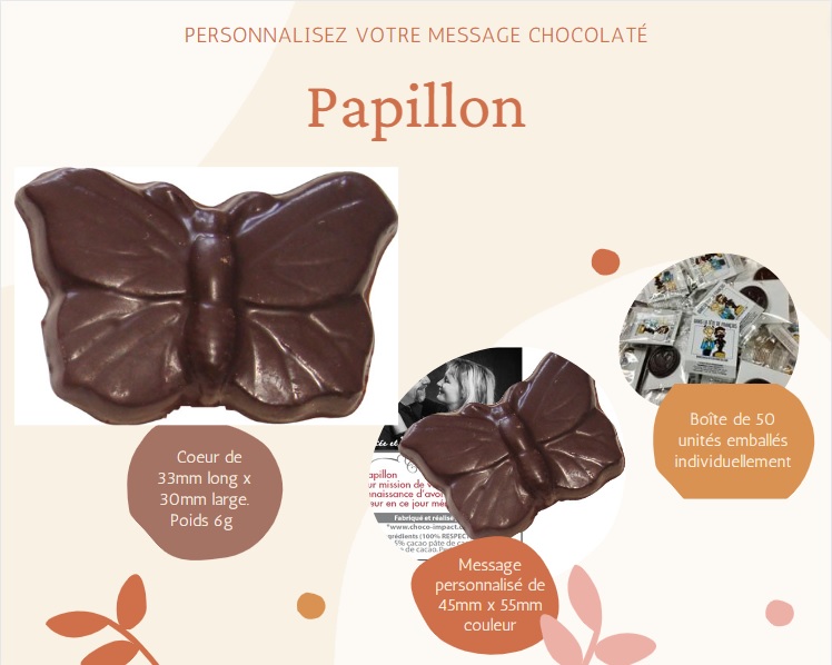 Boîte de 50 unités de chocolat en papillon 6g accompagnés d'un message personnalisé.
