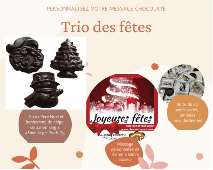 Boîte de 50 unités de chocolat en format des fêtes 7g accompagnés d'un message personnalisé.